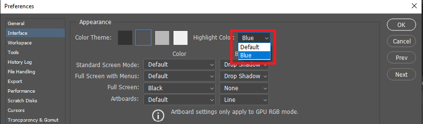 تغییر  highlight color به آبی در تنظیمات preferences فتوشاپ