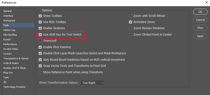 گزینه  Use Shift Key for Tool Switch
در تنظیمات preferences فتوشاپ