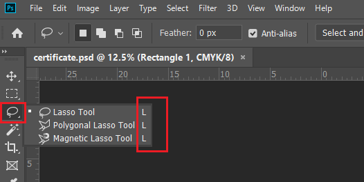 برخی ابزارها مانند ابزارهای Lasso کلید میانبر یکسانی دارند.